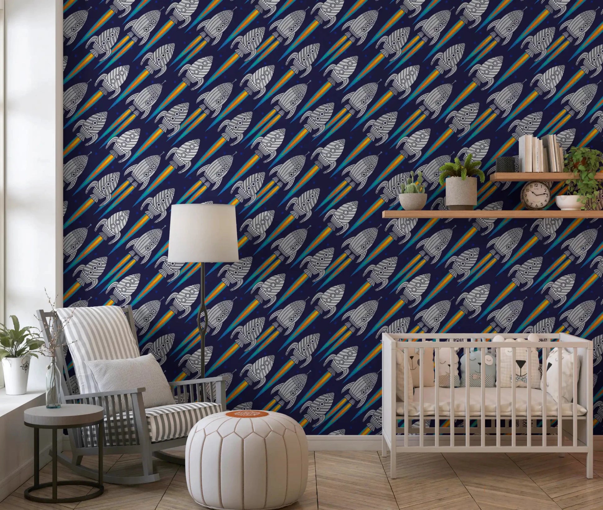 Play area wall with Blast Off! Outerspace Rockets wallpaper and colorful spaceships