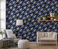 Play area wall with Blast Off! Outerspace Rockets wallpaper and colorful spaceships