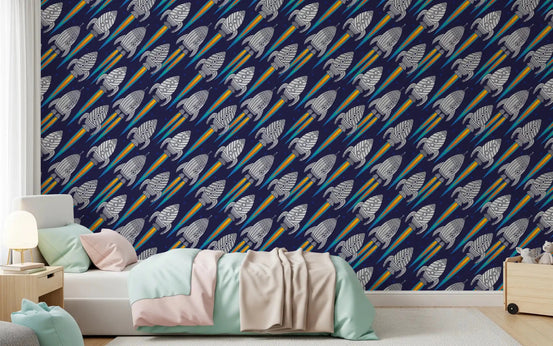 Kids bedroom with Blast Off! Outerspace Rockets wallpaper and playful rocket repeat, GD9438