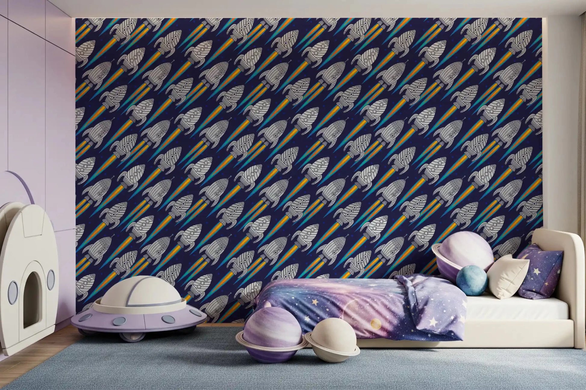Kids room space using Blast Off! Outerspace Rockets wallpaper with kids space detail