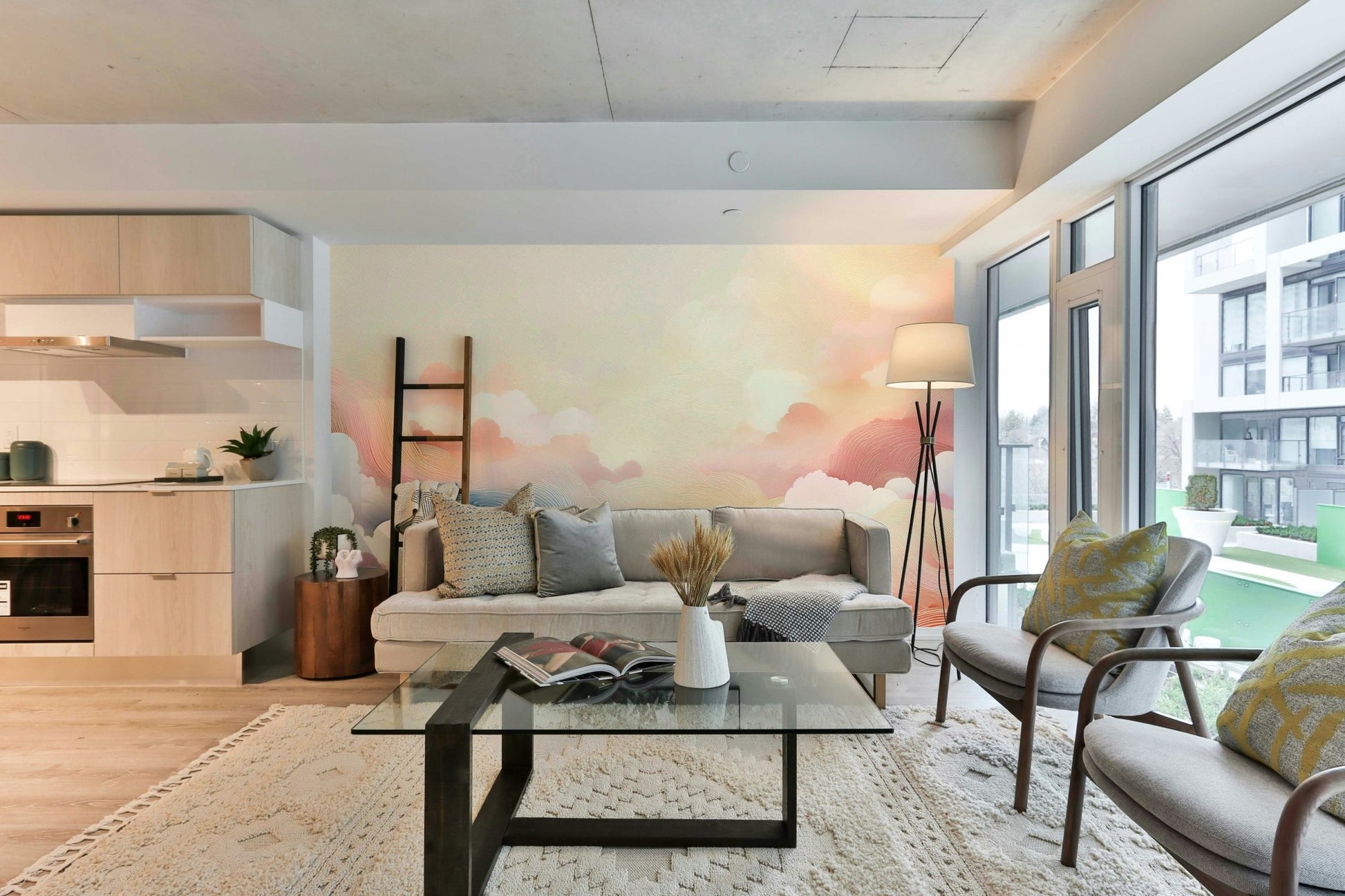 Sky tones mural transforming living room space

