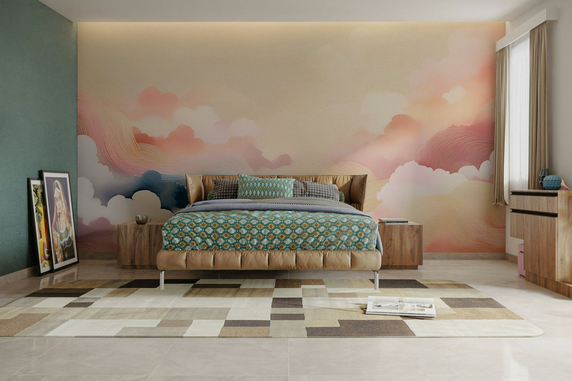 Soft sky hues wall mural for restful room design

