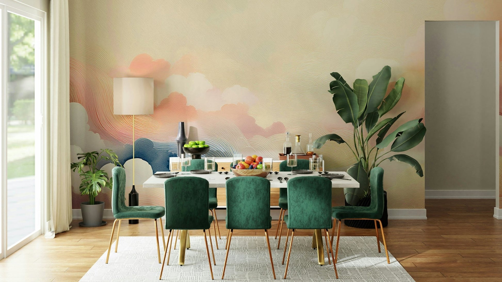 Tranquil sky-themed mural for peaceful atmosphere

