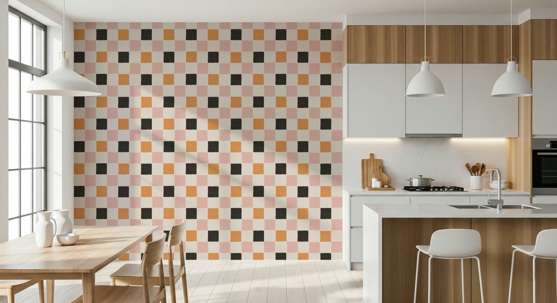 Whimsical Block Party Wallpaper with rusticated black, pink, and tan squares.