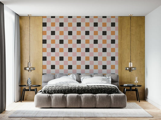 Block Party Wallpaper mural's wonky checked grungy pattern.