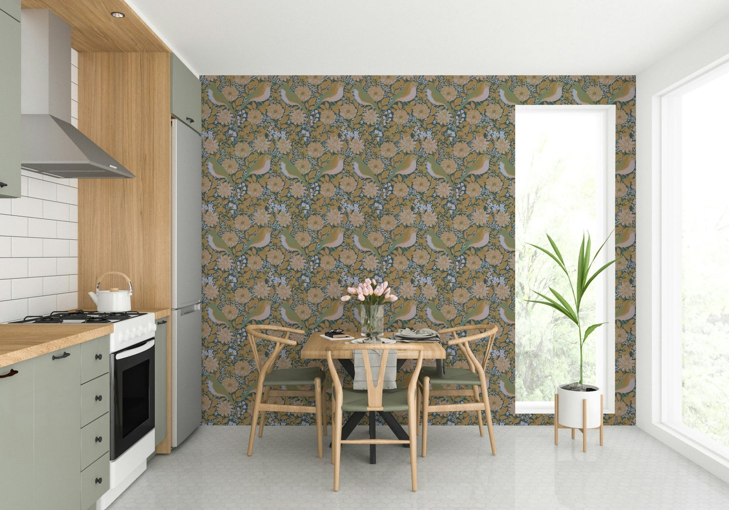A graceful subtle bird wall mural in soft, tranquil tones., GD4819