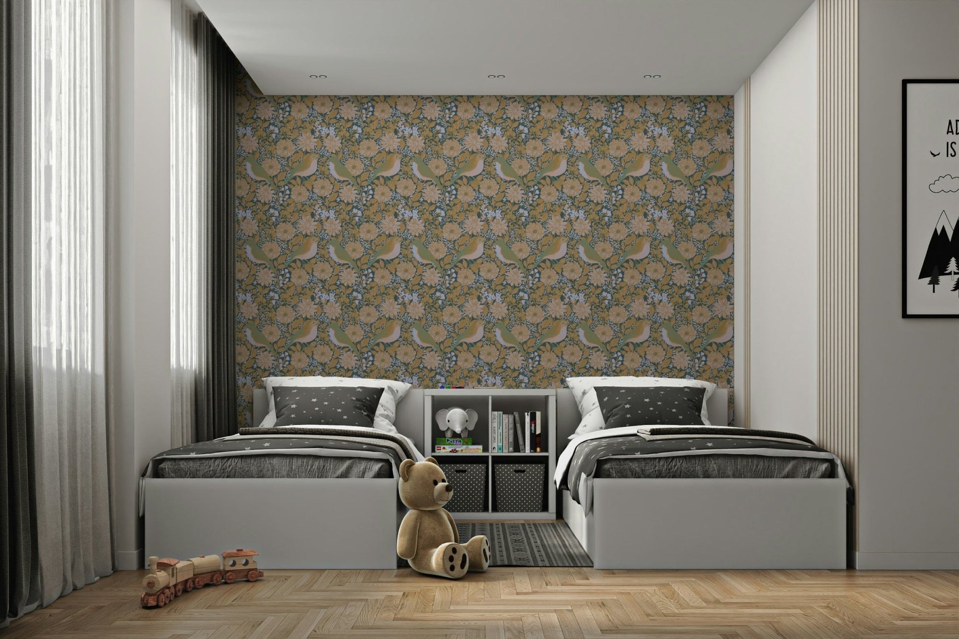 A beautiful modern art wall mural of delicate birds., GD4819