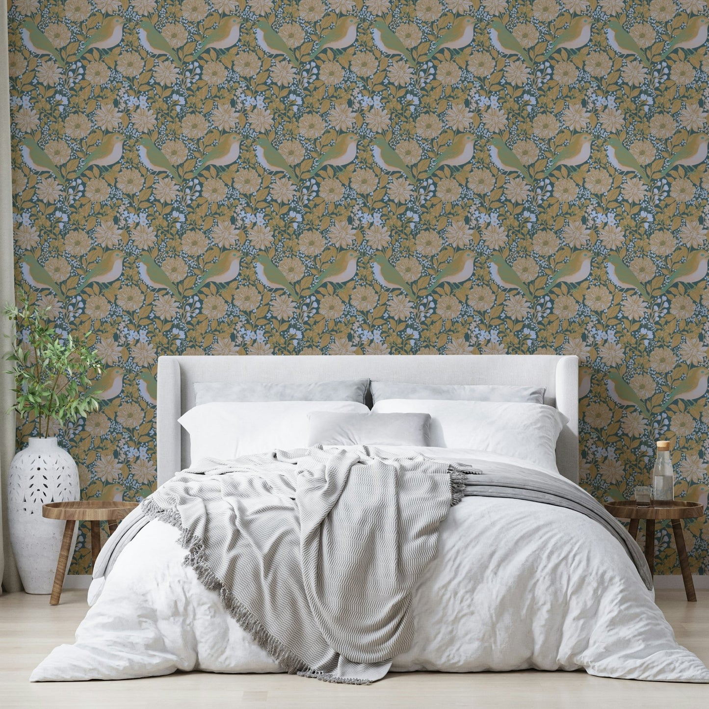 A peaceful botanical mural on decorative wallpaper., GD4819