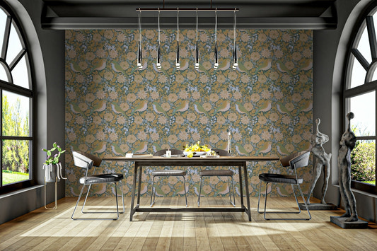 A beautiful serene floral wallpaper mural with subtle birds.

