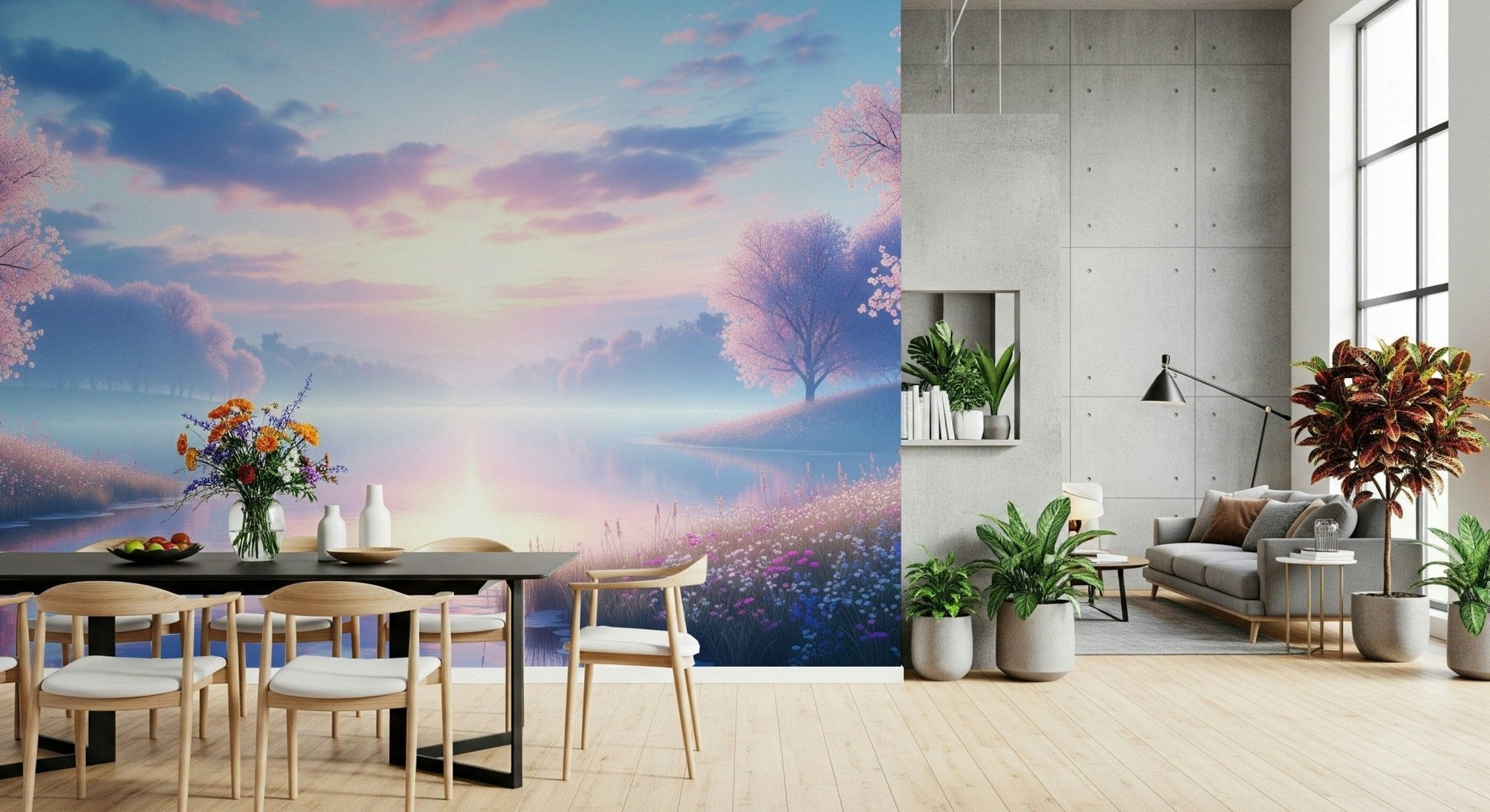 Scenic botanical wallpaper for a contemporary dining space