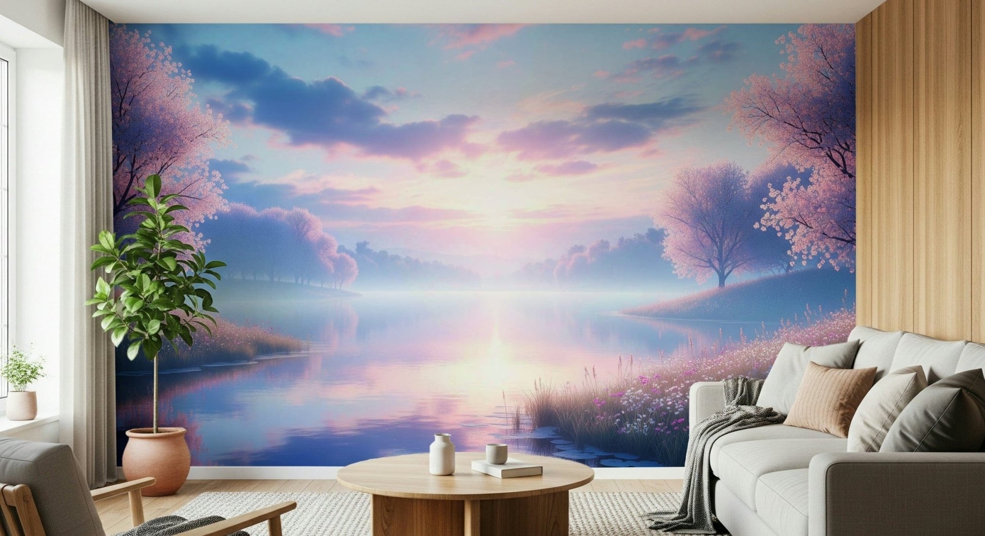 Bloom by the Lake Wall Mural in a bright living room wallpaper