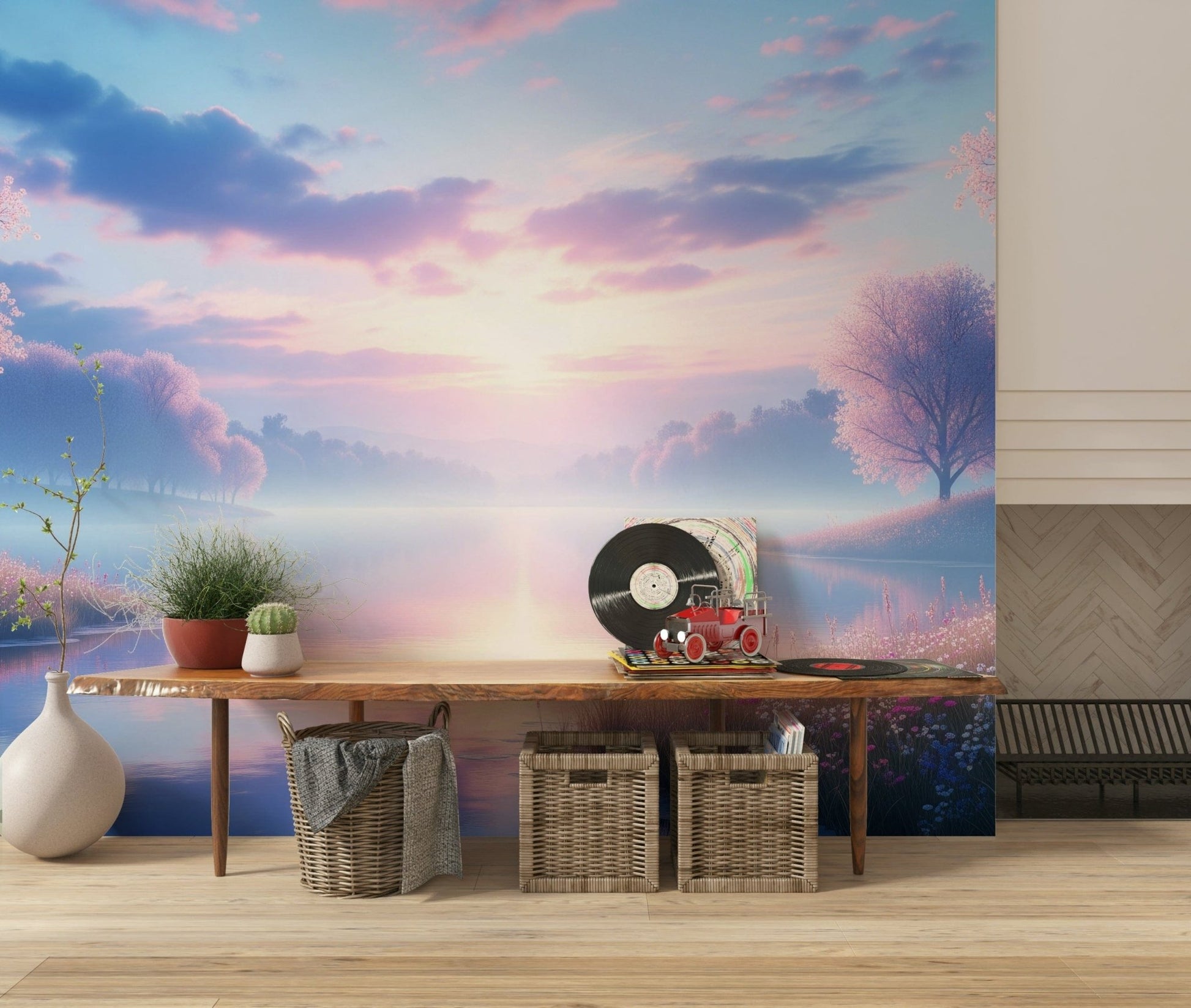 Lakeside floral wallpaper for a professional reception area