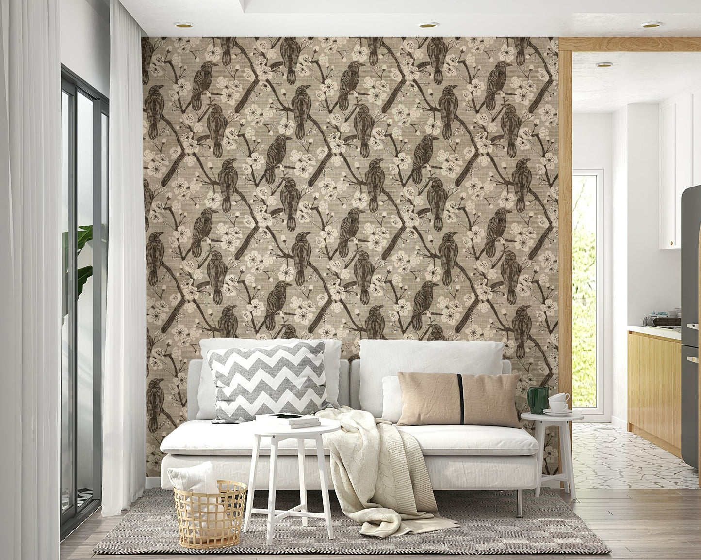 A contemporary living room with a crow and bloom wall mural.

