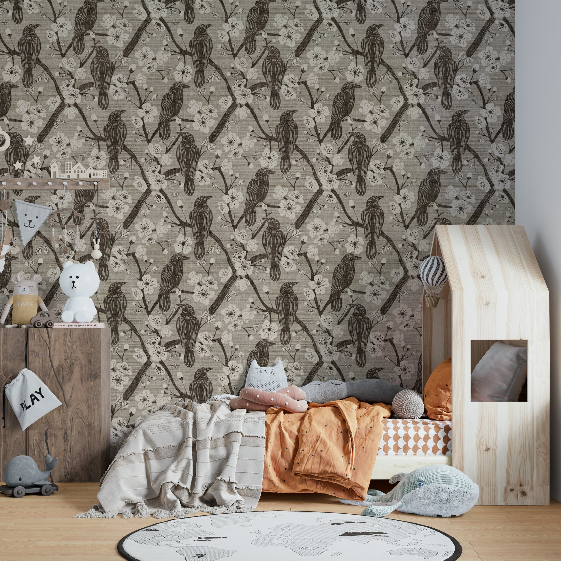 A bedroom with the elegant mural behind the headboard.

