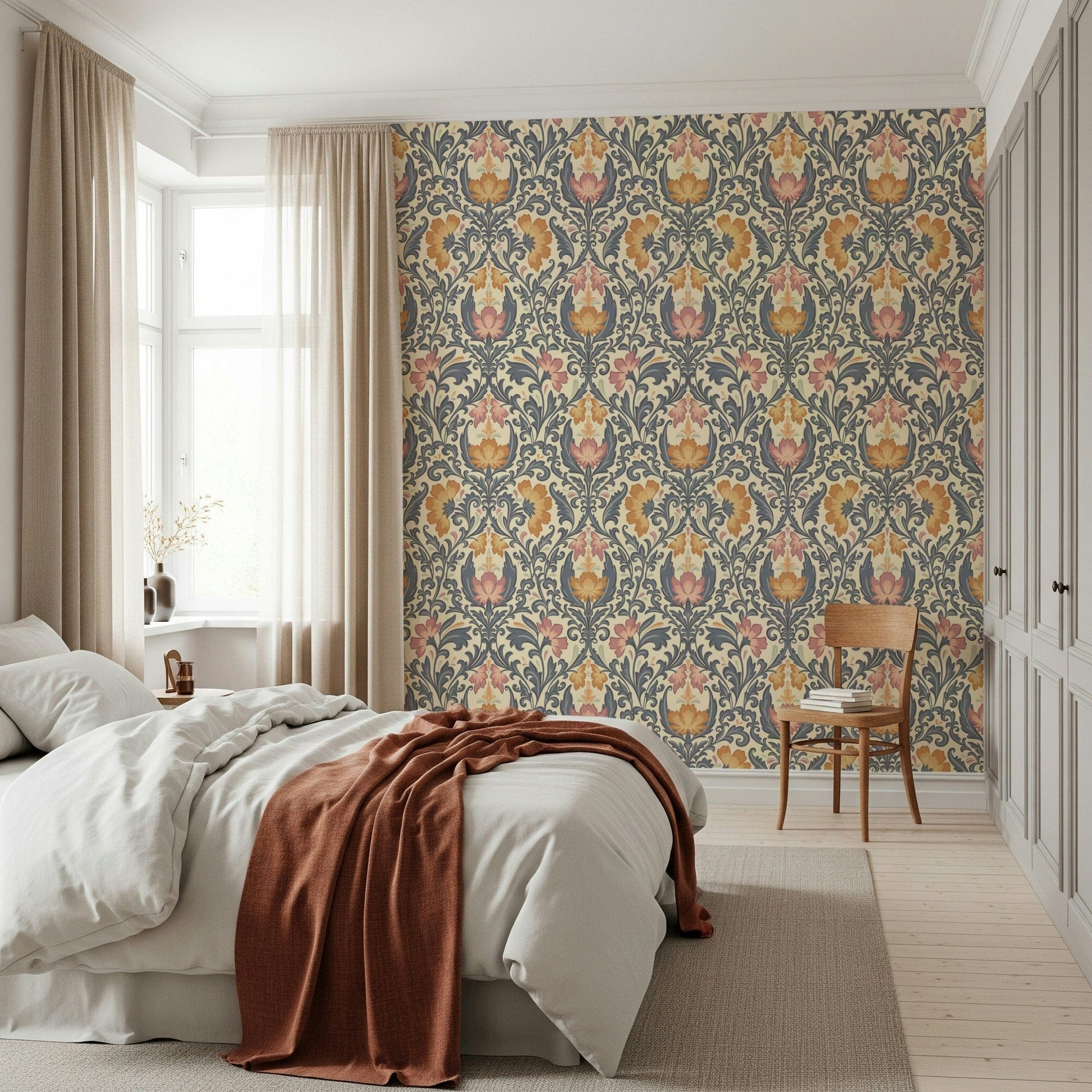 Graceful Bloom Damask wall mural, charming blossom artwork.
