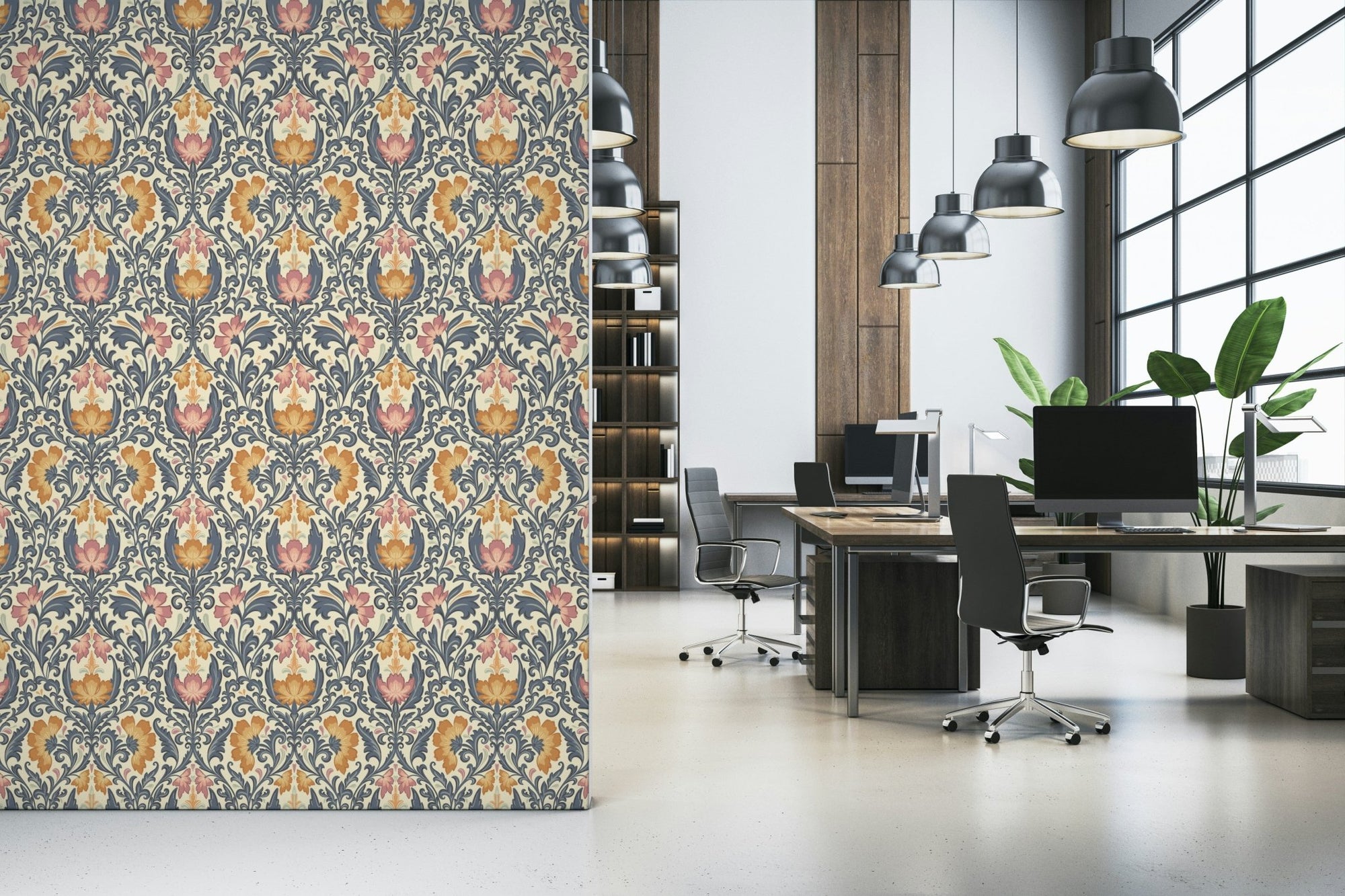 Bloom Damask wallpaper, elegant floral wall mural design., GD6976