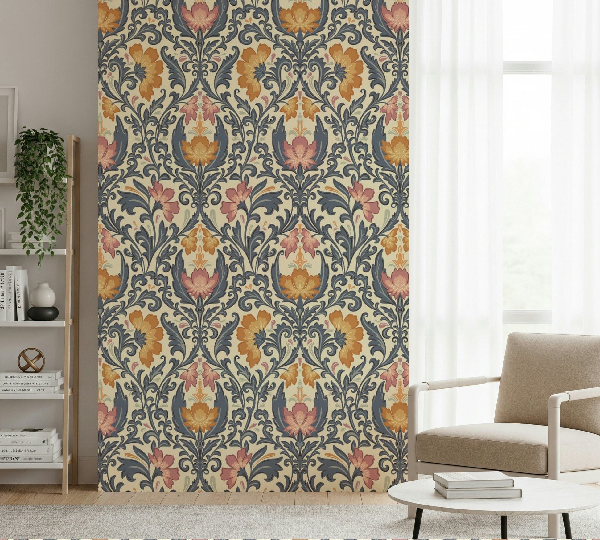 Ornate Bloom Damask wall covering, sophisticated pattern.