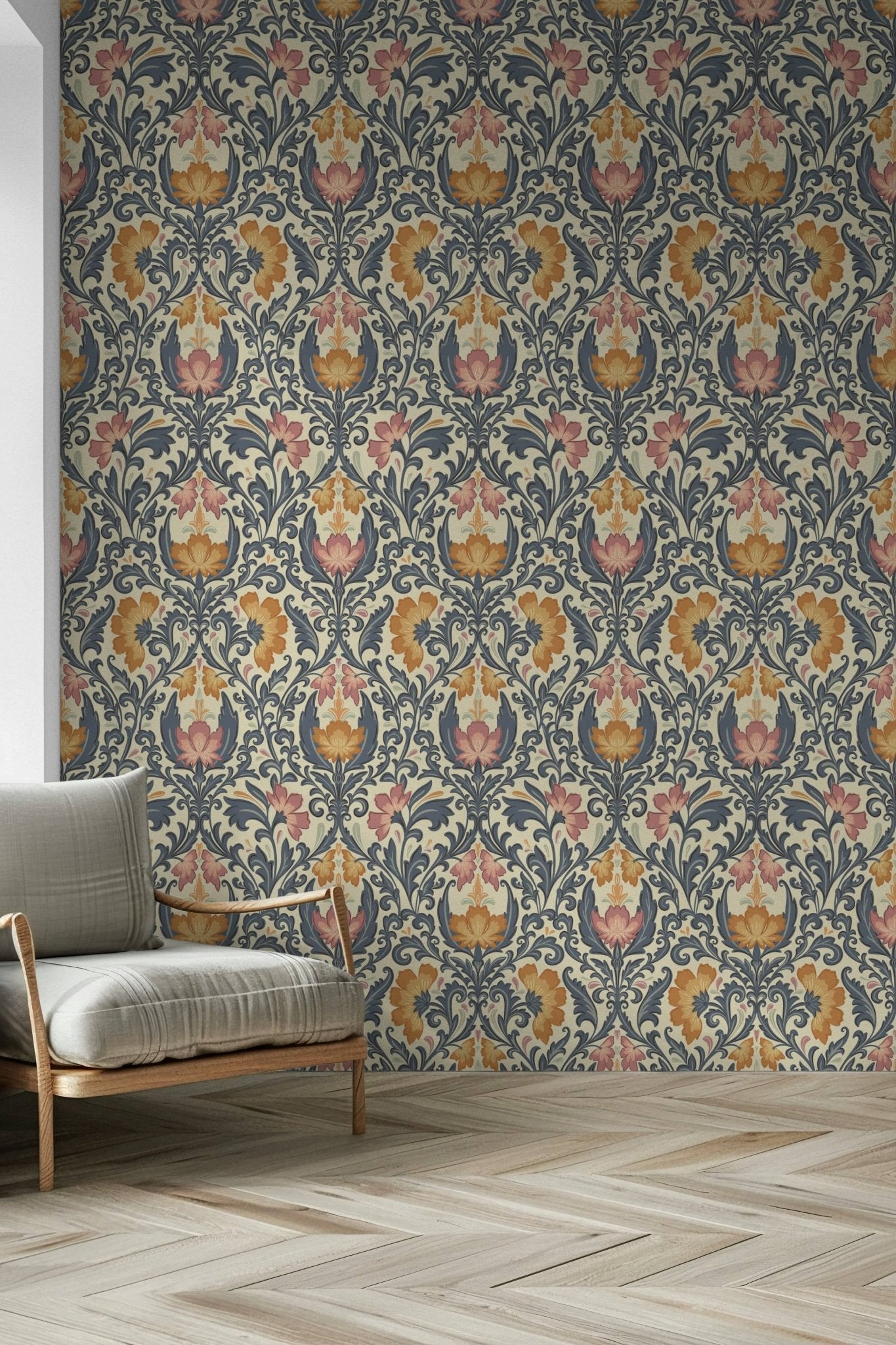 Artistic Bloom Damask wallpaper, rich historical look.