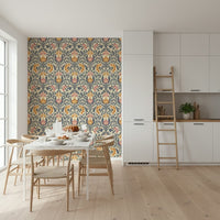 Bloom Damask wallpaper, decorative flowing leaf design.
