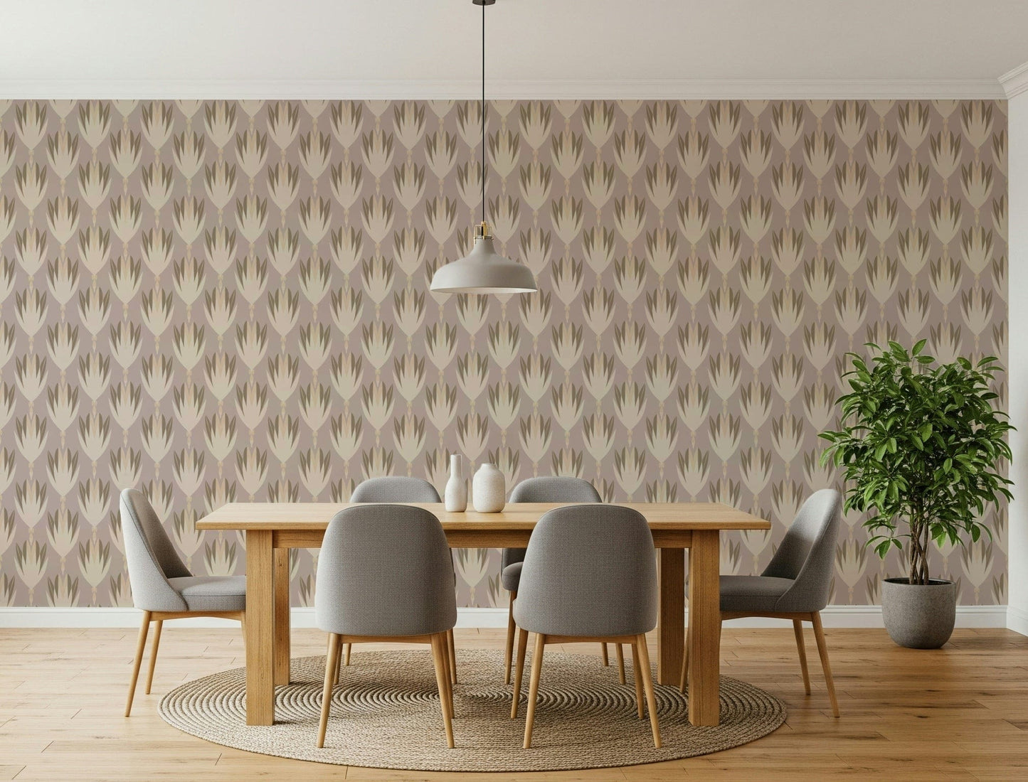 Elegant neutral Bloom Echo feather-like motif wallpaper.