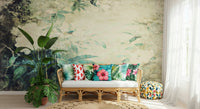 A graceful subtle bloom wall mural in soft, faded tones.