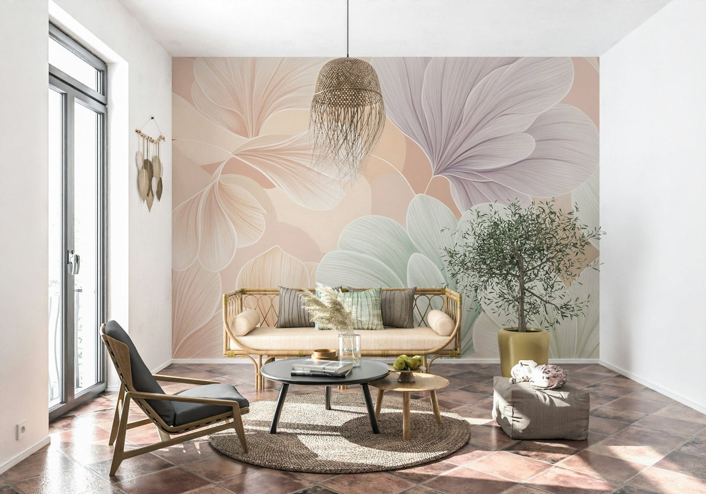 Bloom Essence wall mural with muted pastel tones in a lounge., GD7598