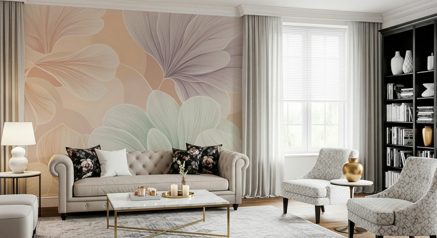 Artistic Bloom Essence wall mural with floral silhouettes in a corridor., GD7598