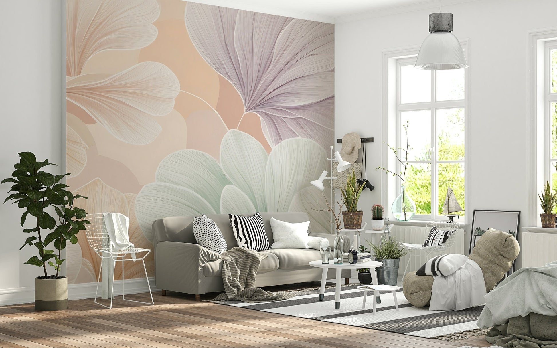 Modern living space featuring a neutral Bloom Essence wallpaper., GD7598