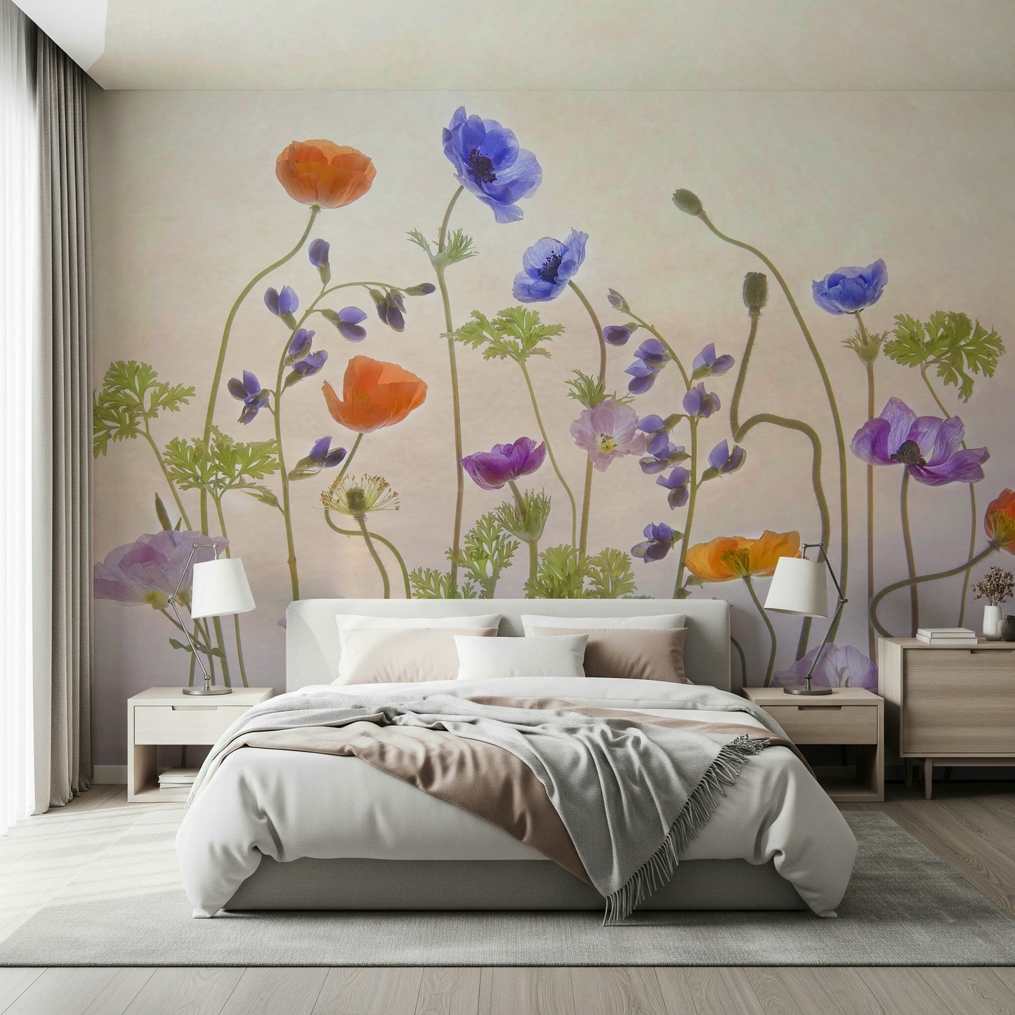 An artistic delicate bloom mural on minimalist wallpaper.

