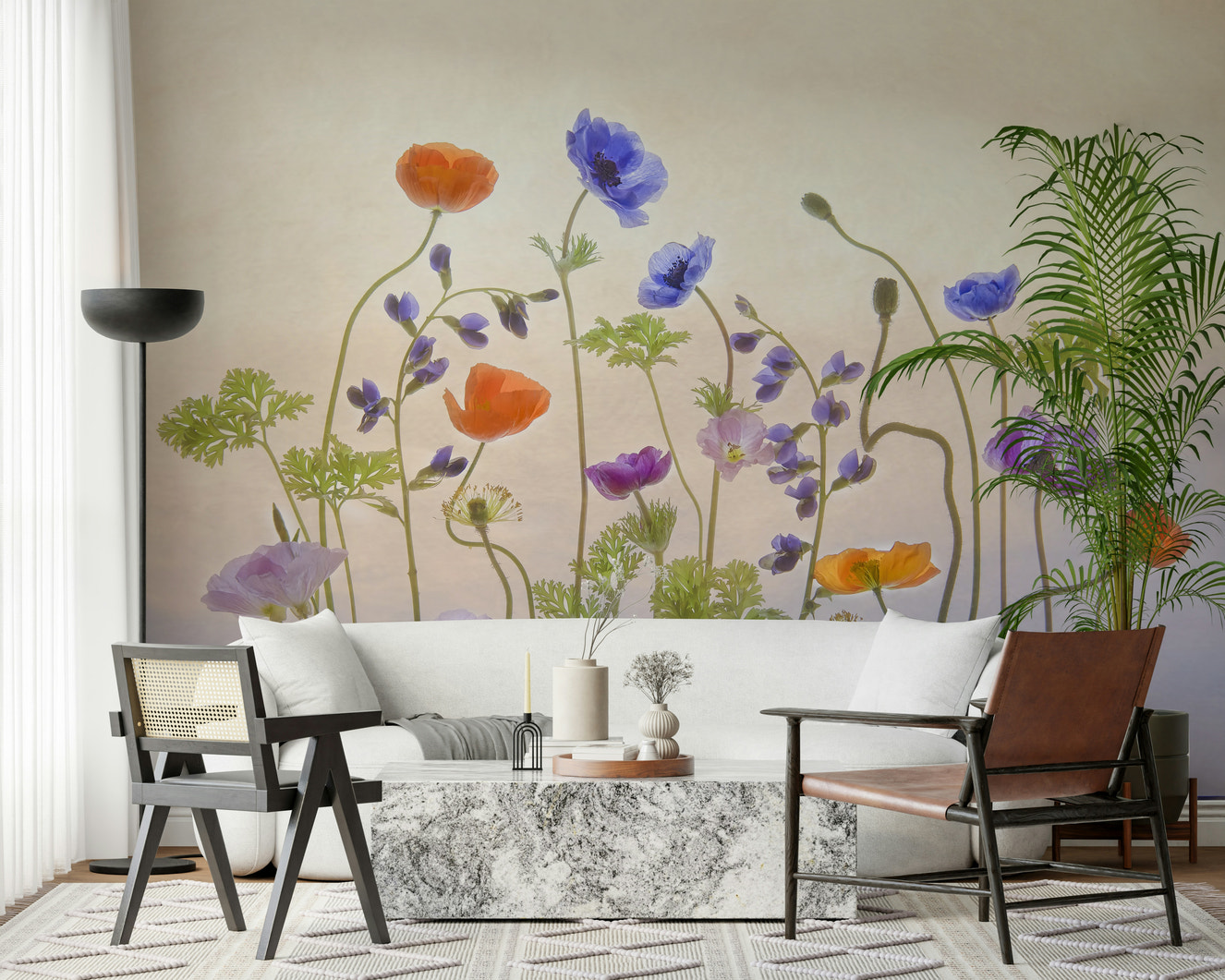 A beautiful vibrant floral wallpaper mural with bright colors.

