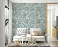 Floral wallpaper for a modern living room.


