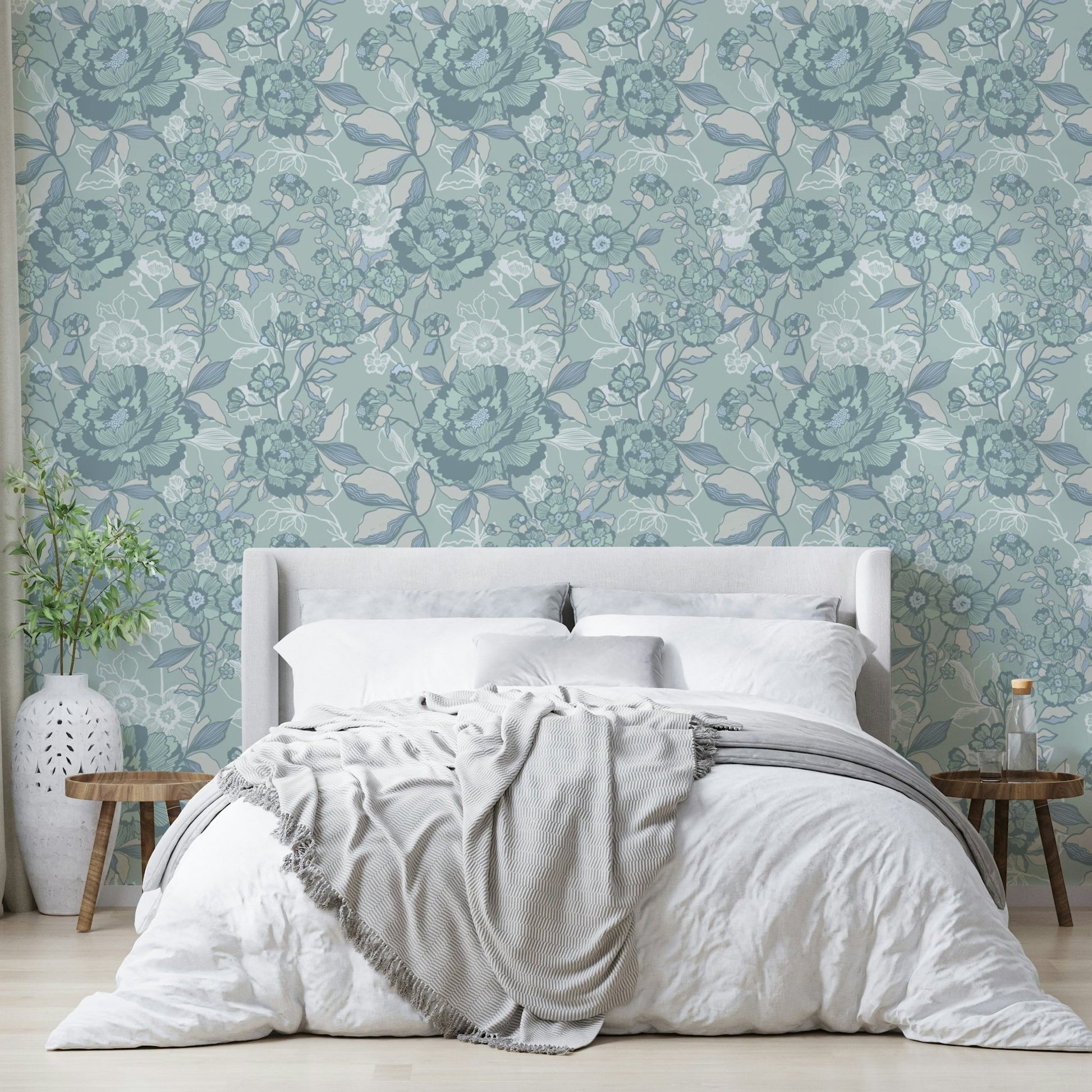 Design with a repeating pattern of hand-drawn flowers.

