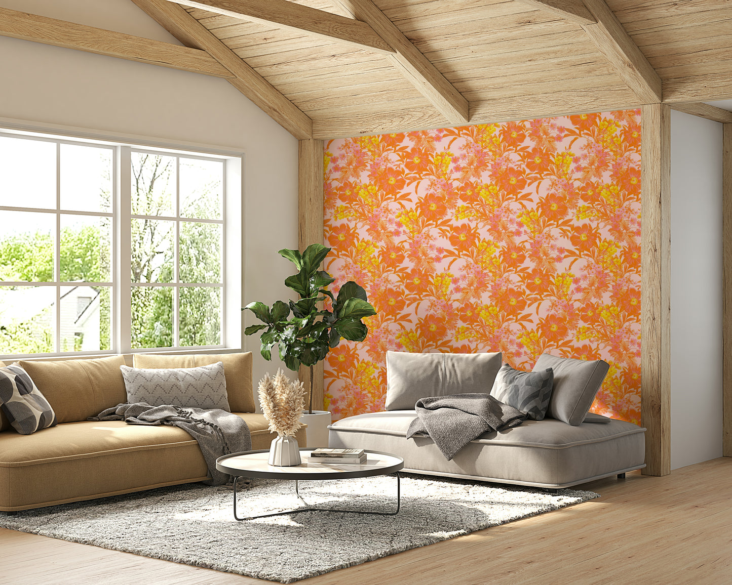 Bloom Mirage wallpaper on a living room wall

