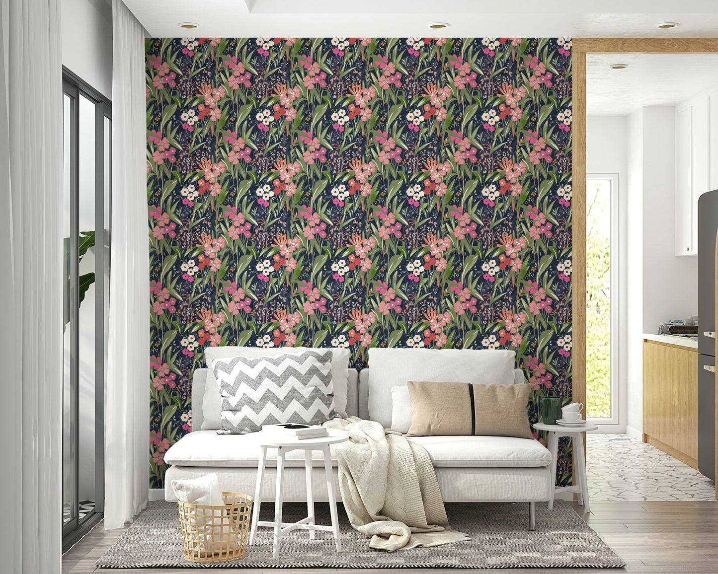 A beautiful dark floral wallpaper mural for a modern home.

