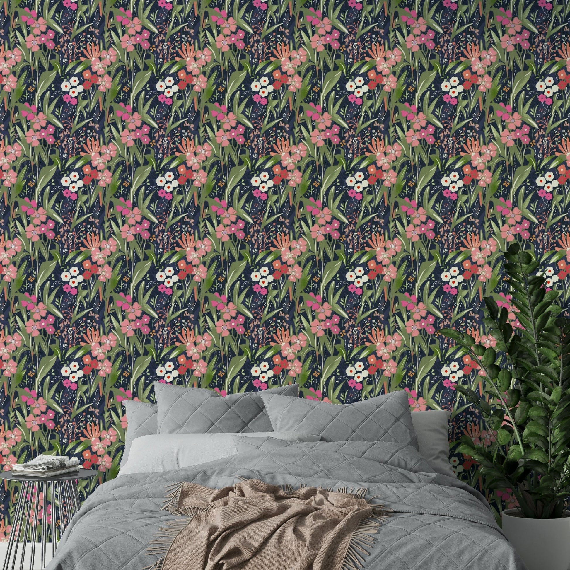 A calming flower design wallpaper mural that defines a space.

