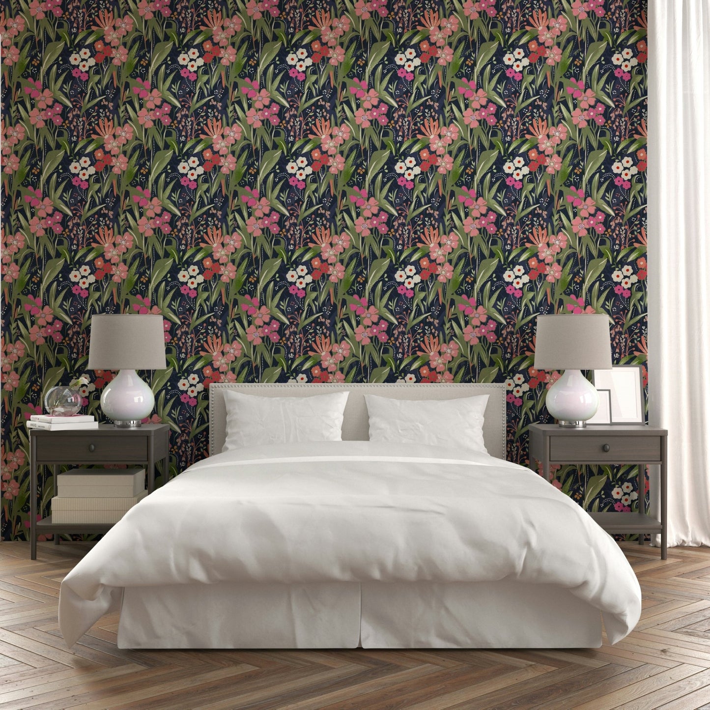 A peaceful dark floral mural on decorative wallpaper.

