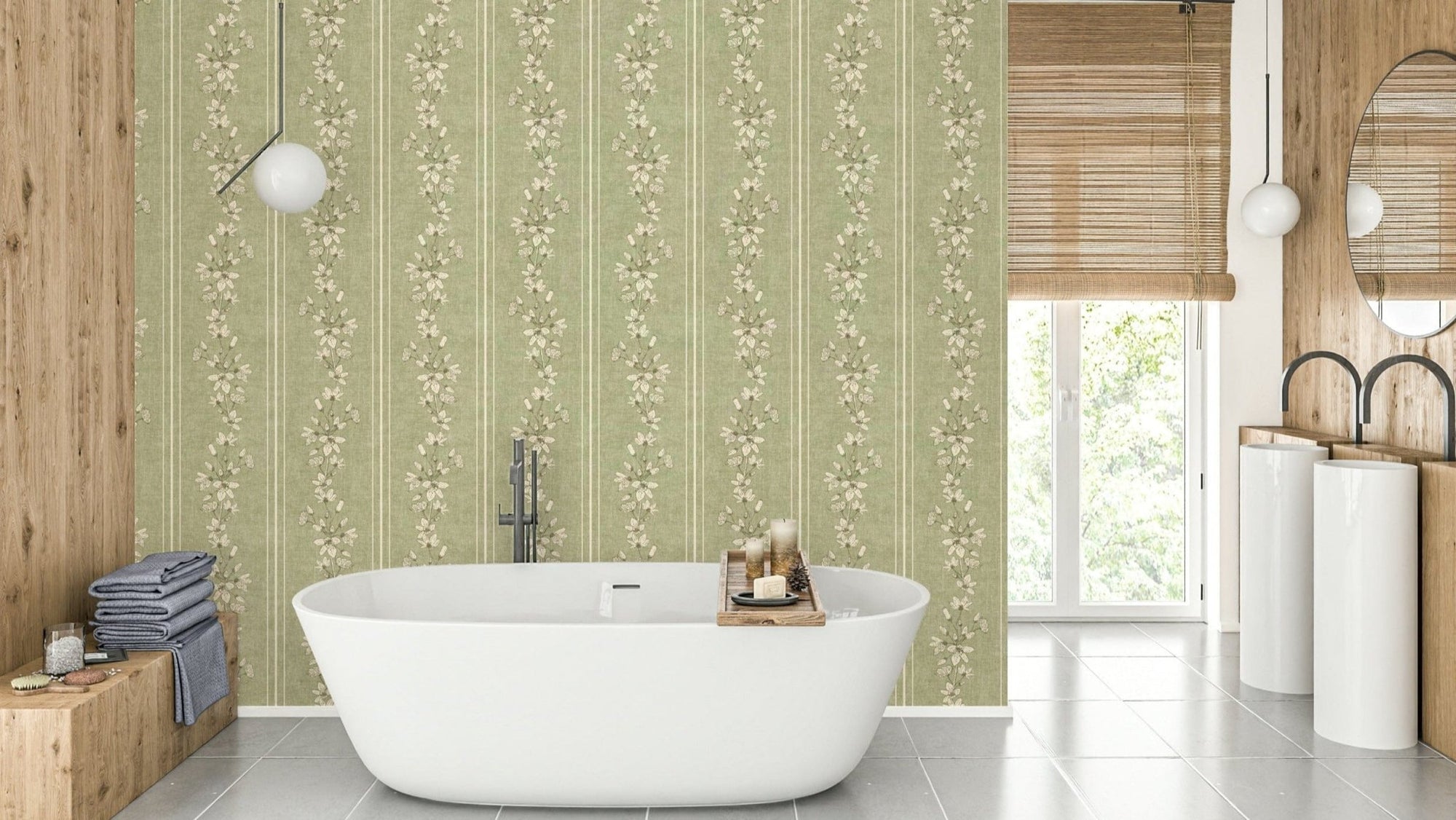 Cream flowers on green stripe base GD386

