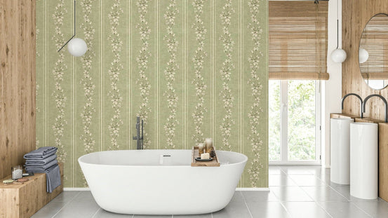 Cream flowers on green stripe base GD386

