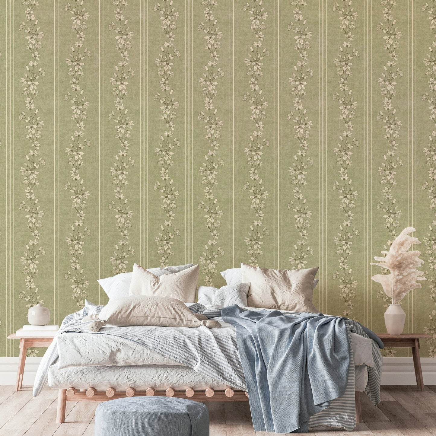 Botanical print sage wall covering

