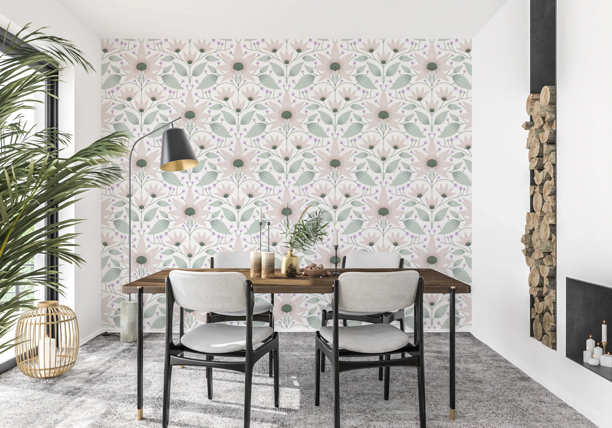 Bloom Symmetry boho Wallpaper with muted pink flowers for living rooms, GD8375