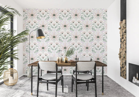 Bloom Symmetry boho Wallpaper with muted pink flowers for living rooms, GD8375