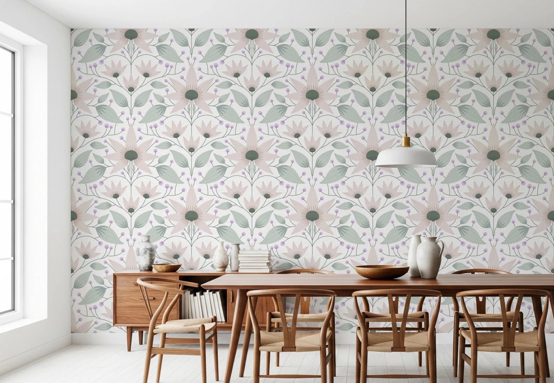 Bloom Symmetry boho Wallpaper for stylish apartment living space walls