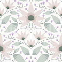 Minimalist wall mural with pink flowers and green foliage for study rooms