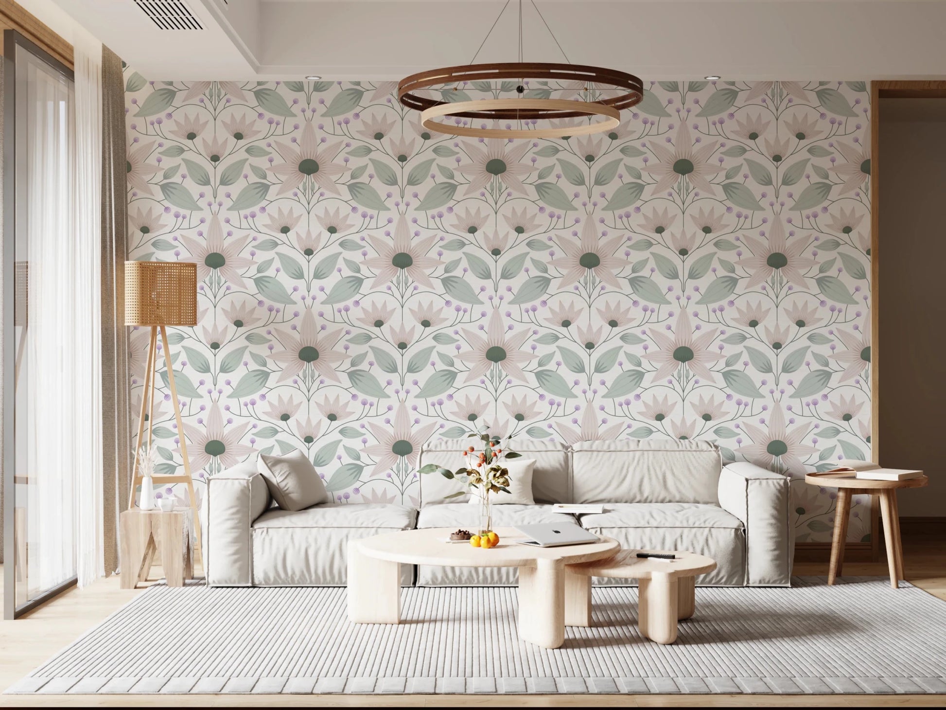 Lavender and sage floral wallpaper for a contemporary hallway design