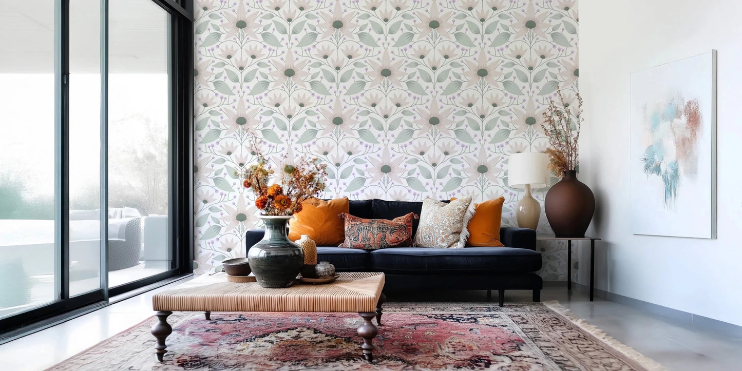 Muted pink and green floral wallpaper for a minimalist home office