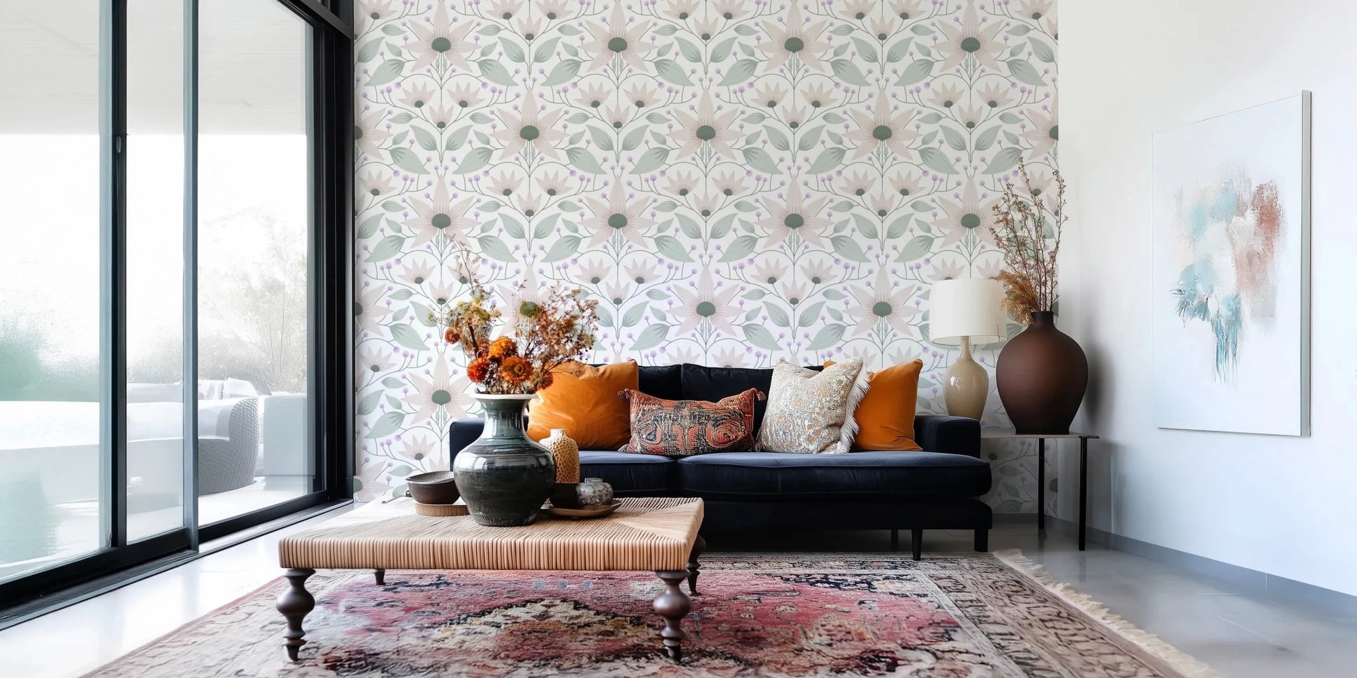 Muted pink and green floral wallpaper for a minimalist home office
