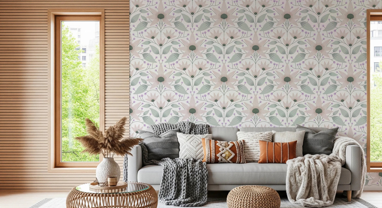 Symmetrical pink blossom wall mural for modern nursery wall décor