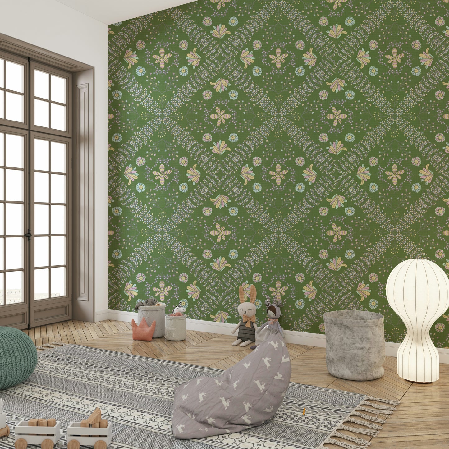 A repeating floral pattern on an olive green wallpaper.

