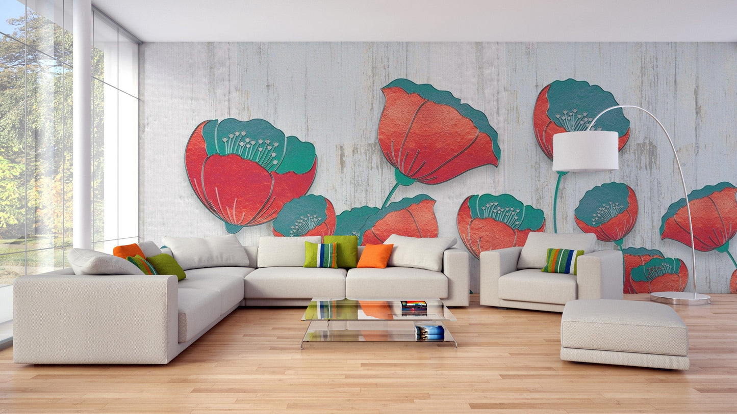 Vibrant 3D Red Floral Mural
