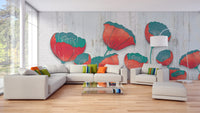 Vibrant 3D Red Floral Mural
